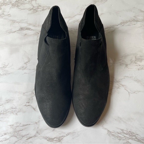Eileen Fisher Perry Tumbled Nubuck Suede Black Booties Stacked Low Heel Size 8.5 - Picture 2 of 7
